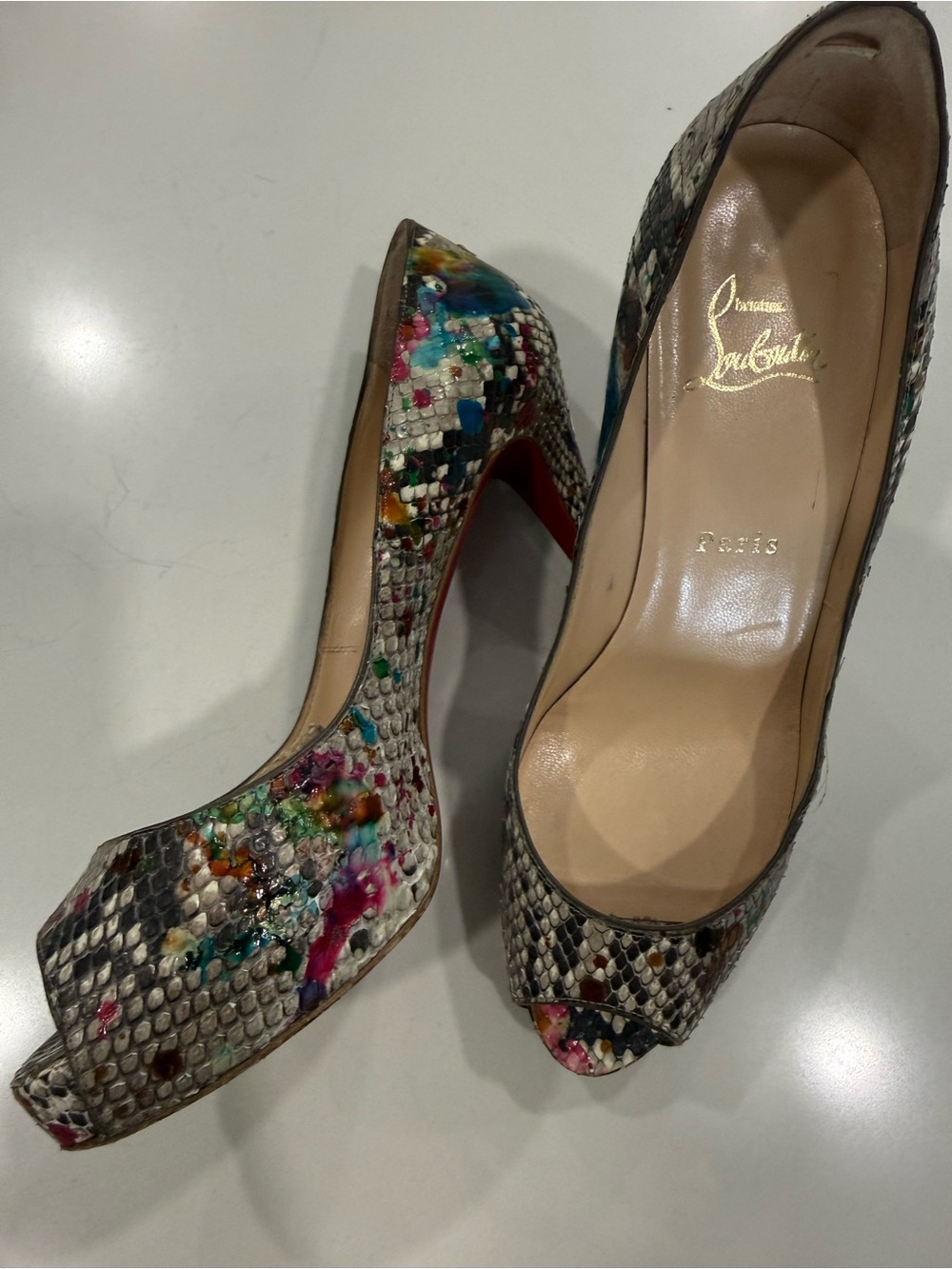 Christian Louboutin Multicolor Snakeskin Peep-Toe Pumps with Bright Accents - Picture 3 of 8